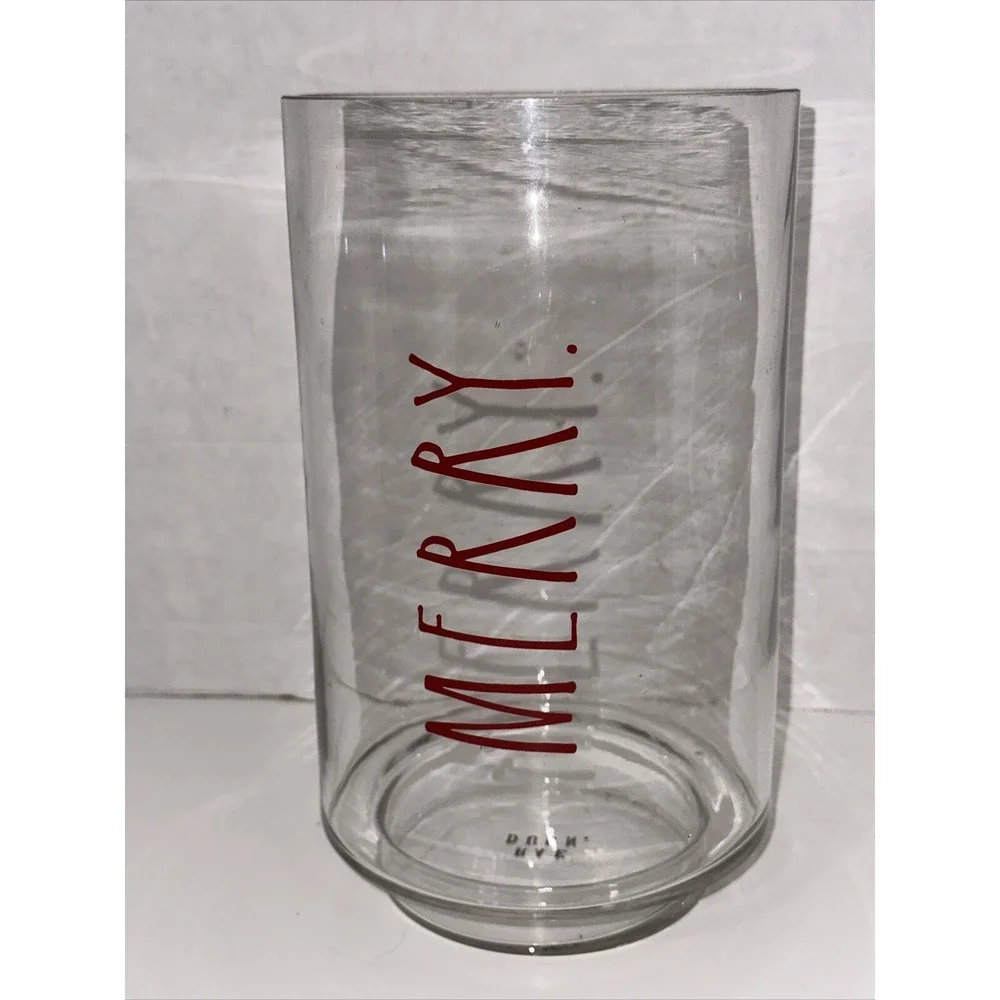 Rae Dunn Merry Glass Hurricane Candle Holder Vase Red Christmas Holiday Decor‎